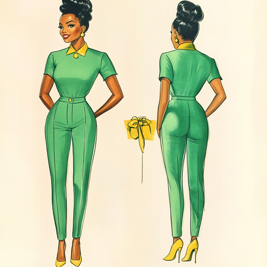 Retro 1960s African-American woman in Kelly green outfit