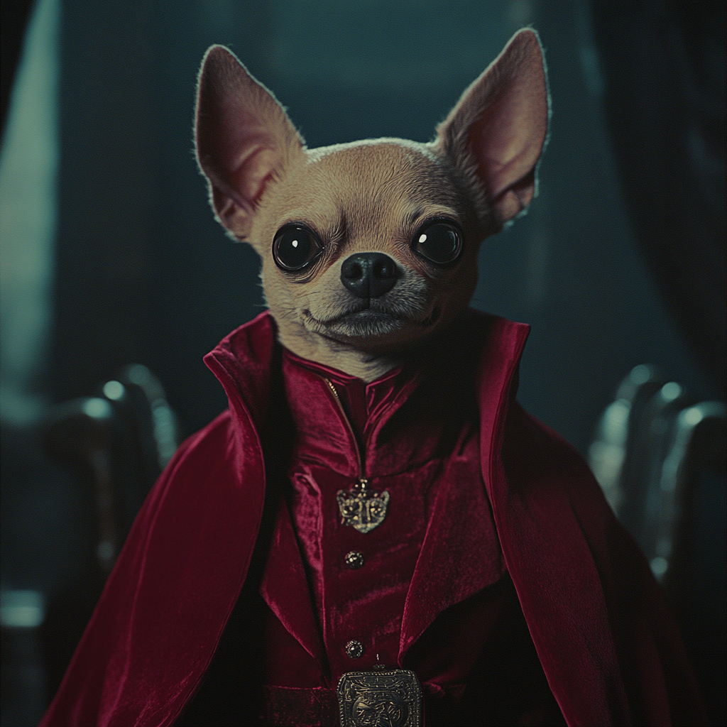 Retro Duke Chihuahua in Dark Fantasy Movie Scene