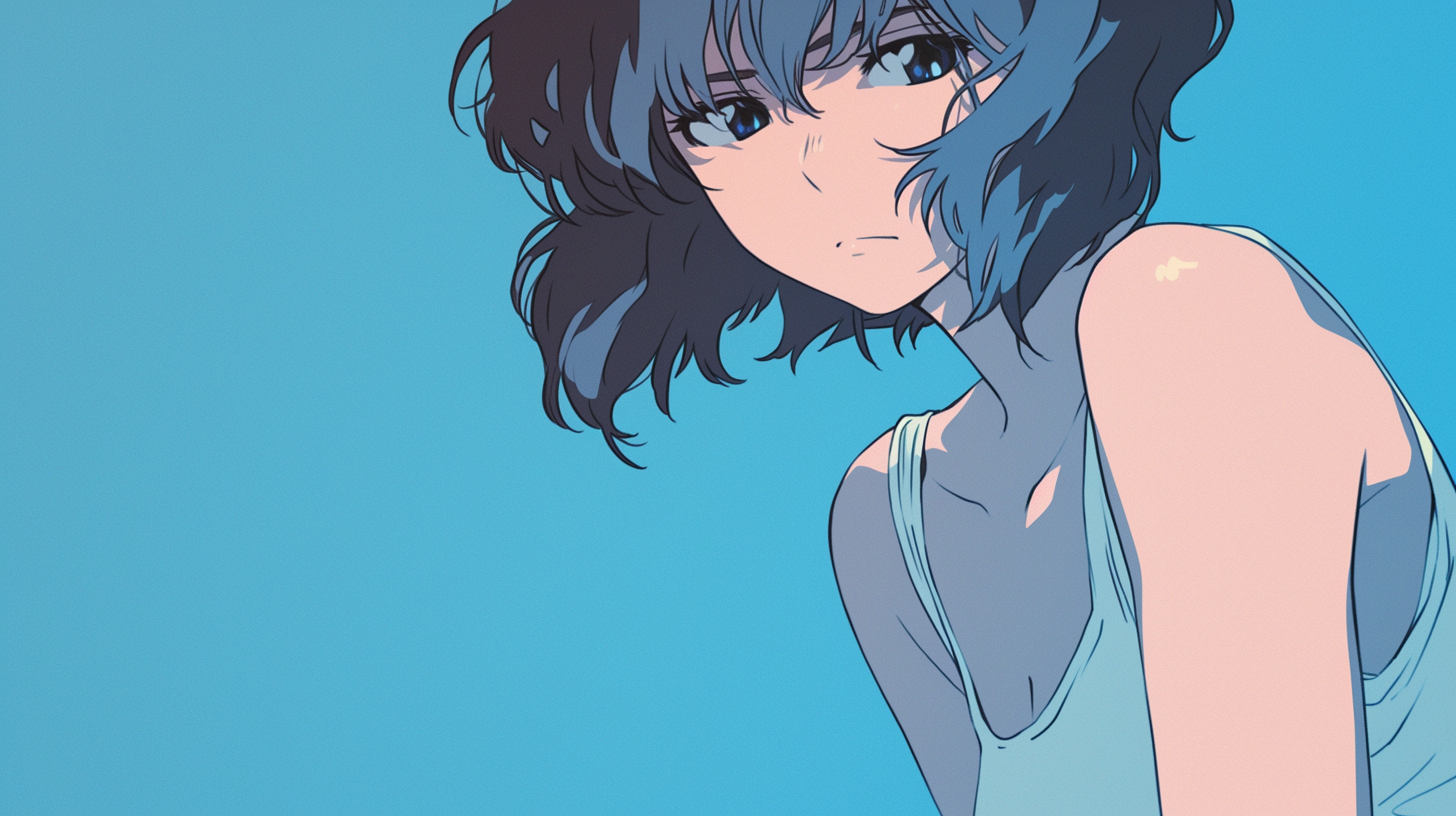 Retro Japanese anime still with muted blue pastel color.