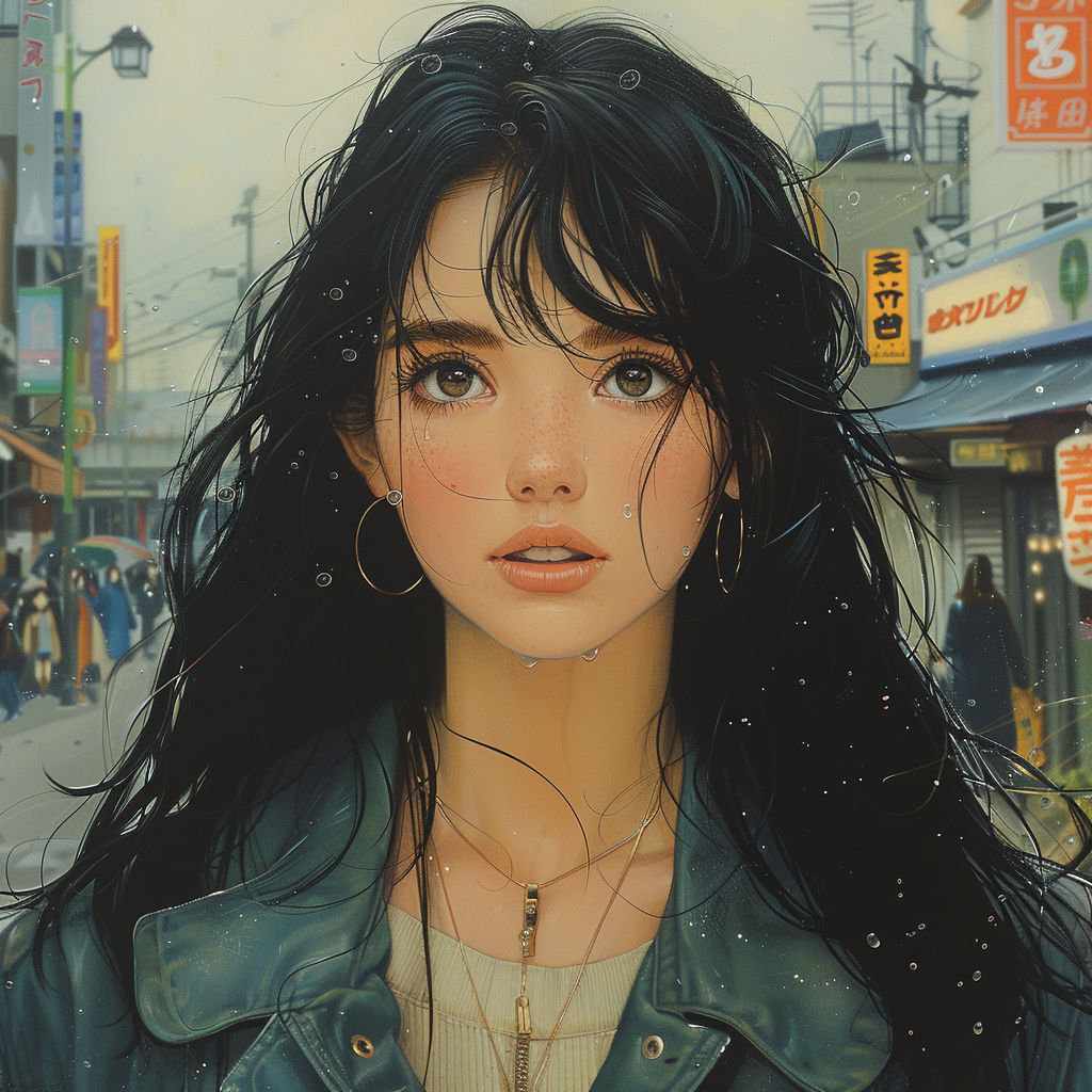 Retro anime girl in busy Japanese city