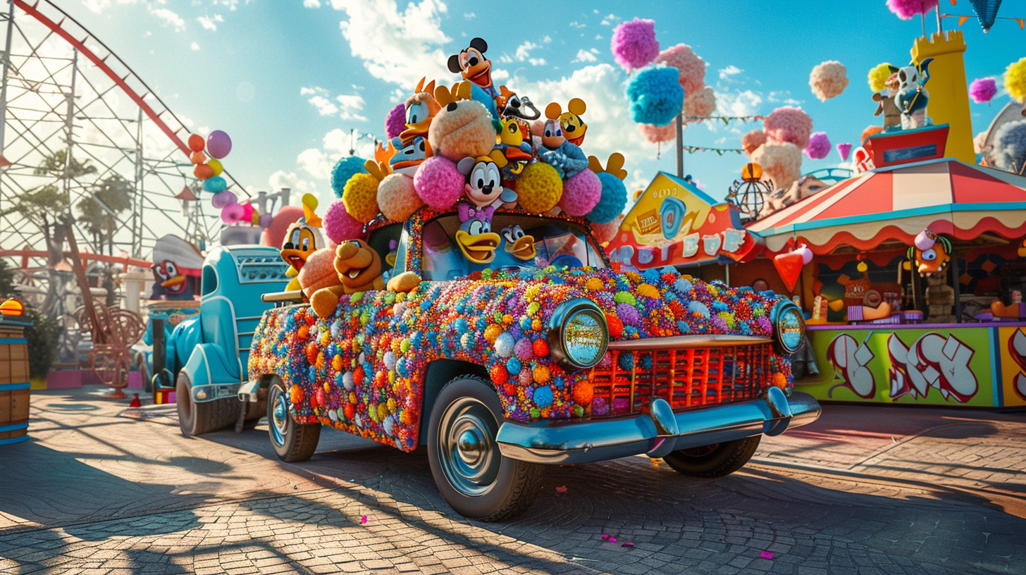 Retro car made of Disney plush toys, colorful setting.