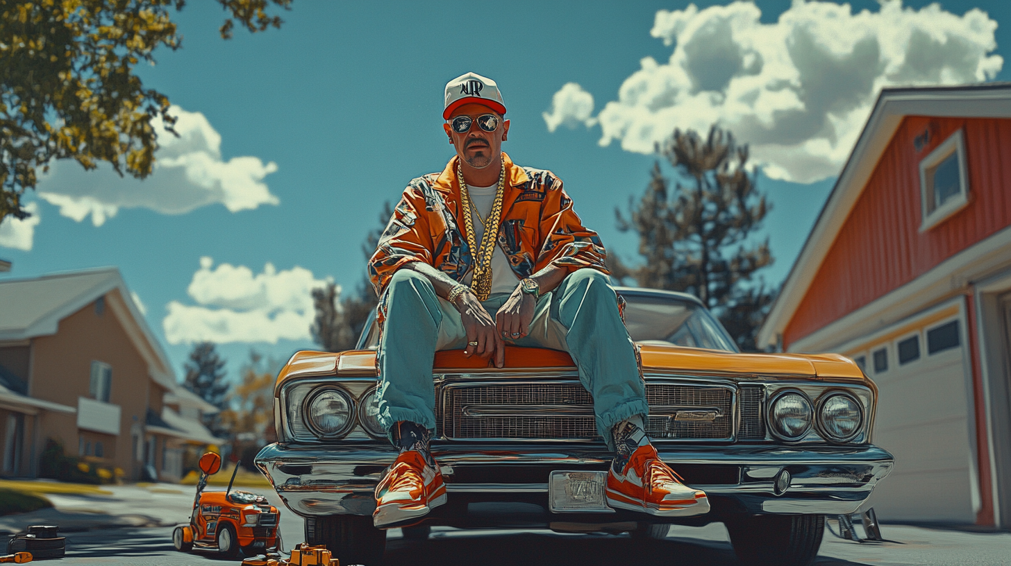 Retro dad in hip-hop outfit poses on car hood.