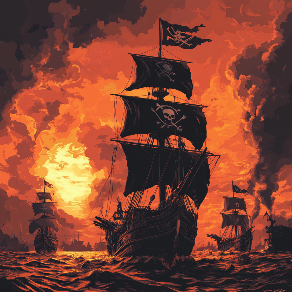 Retro design showing two pirate ships in battle.