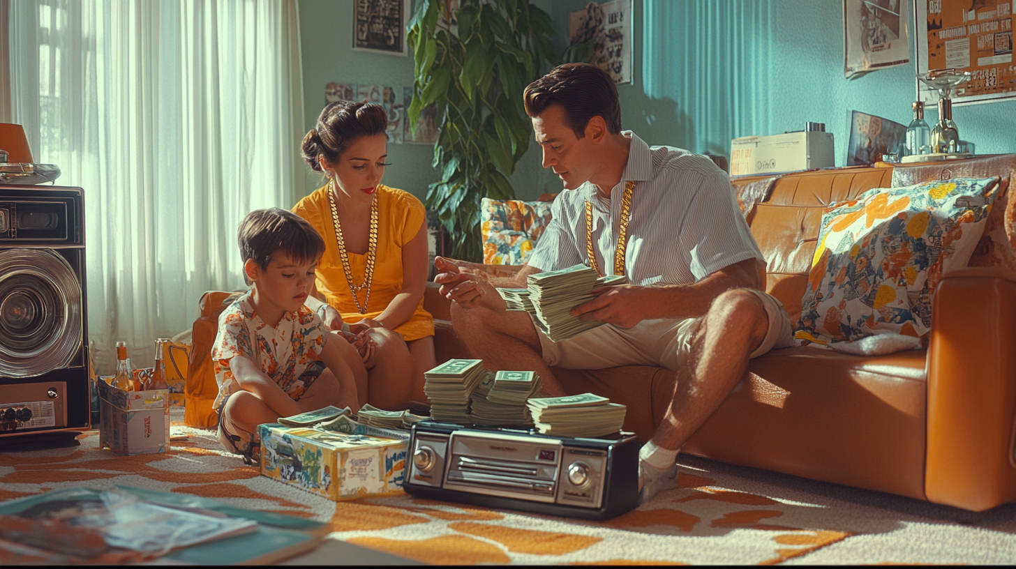 Retro family counting money, kids with boombox, hip-hop decor