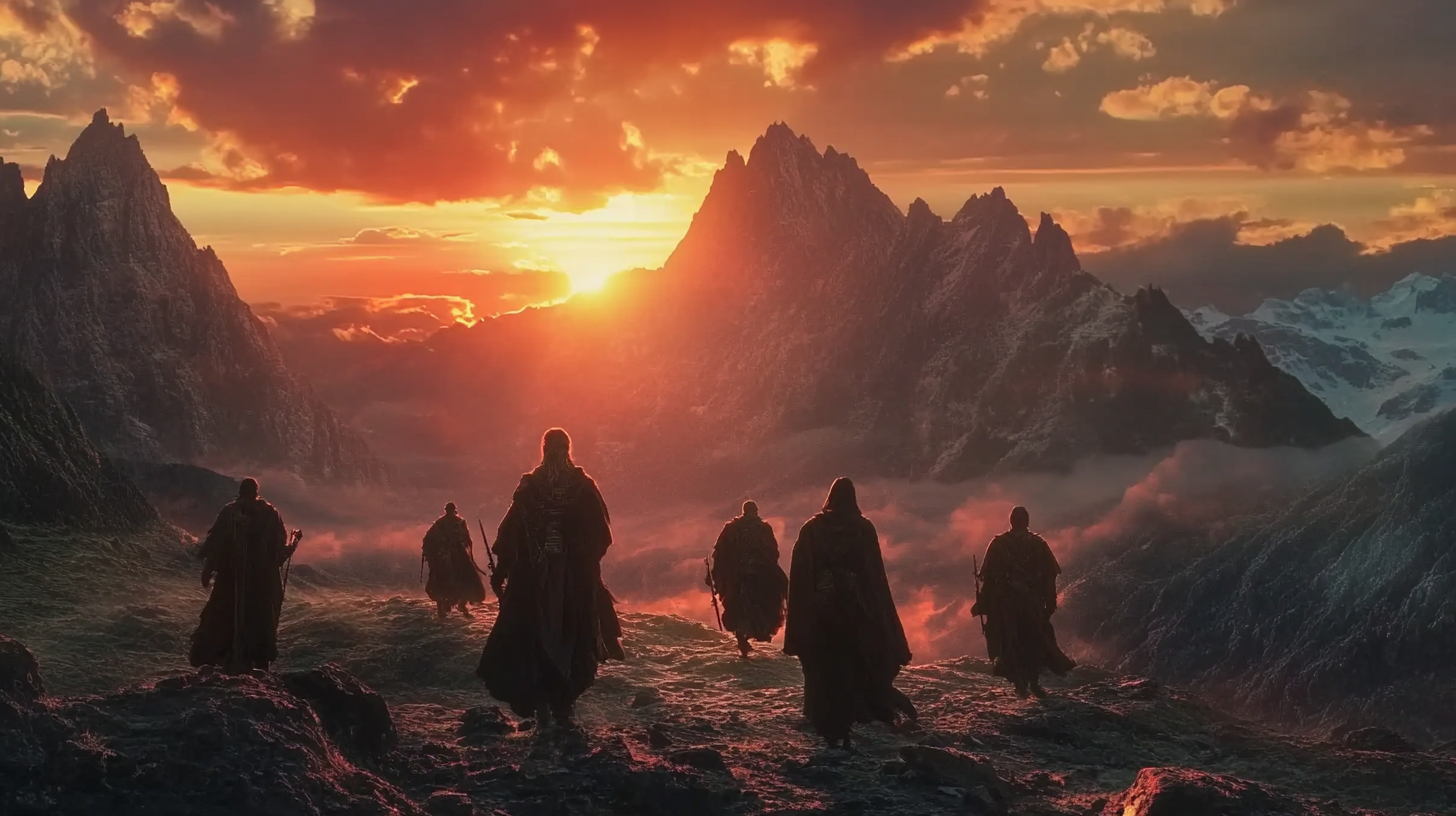 Retro movie scene: wizards walking in mystical fantasy world.