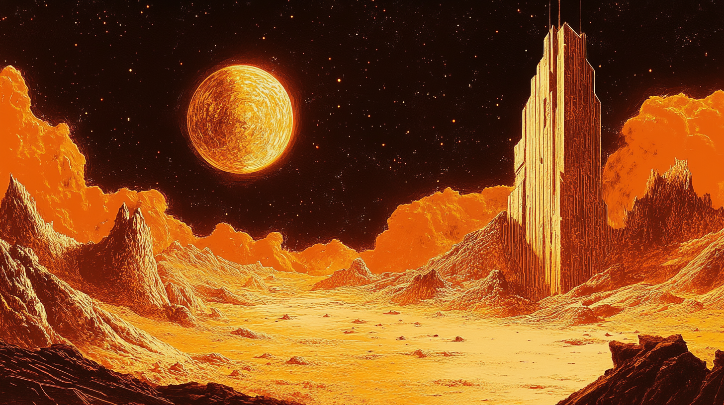 Retro postcard style 2d art of unknown planet.