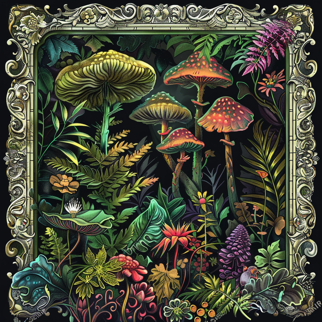 Retro psychedelic foliage illustration with ornate frame