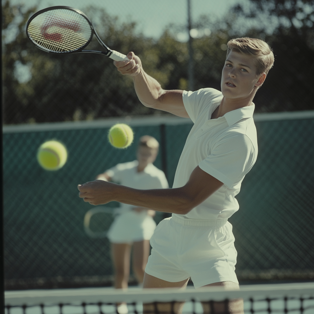 Retro tennis scenes with attractive model players in action.