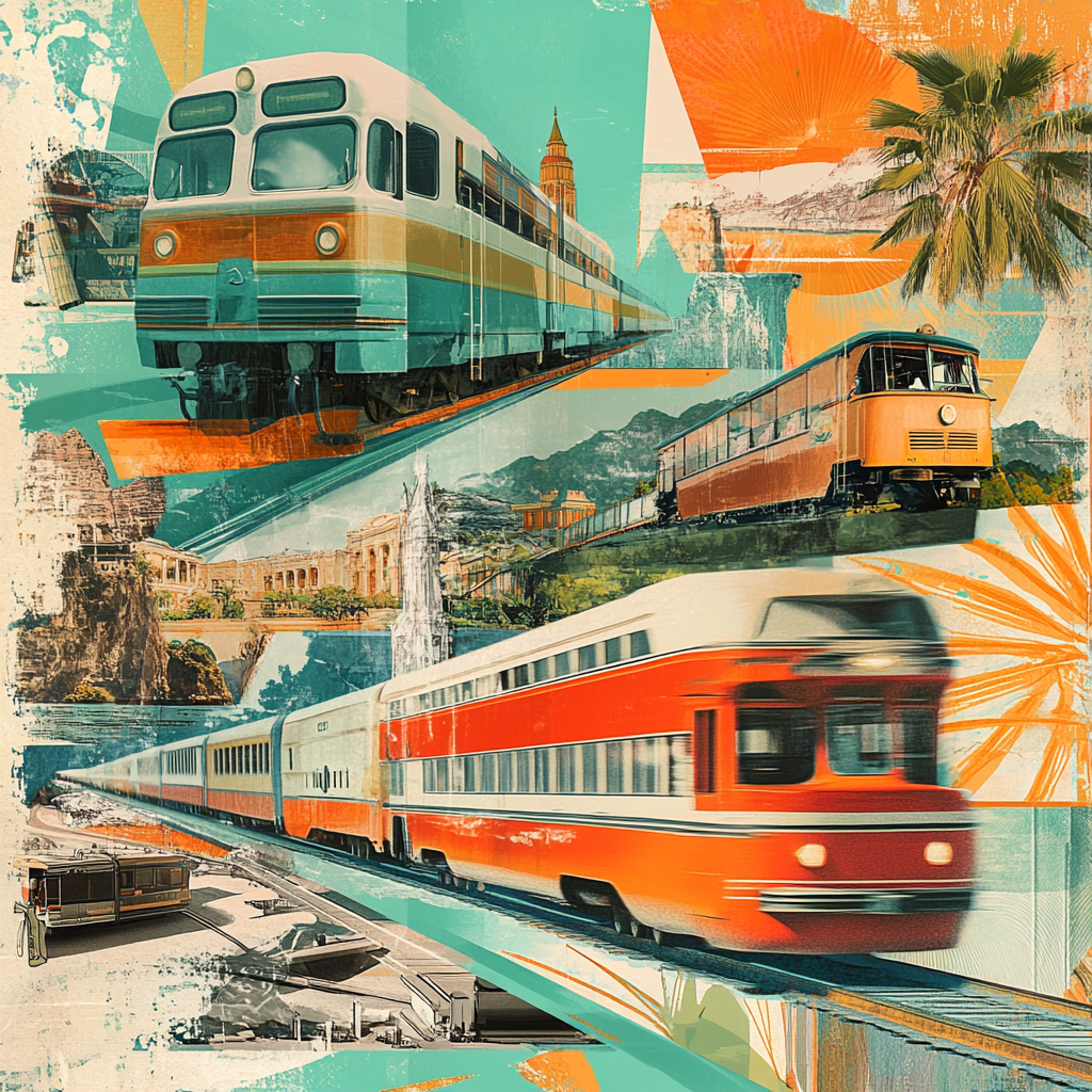 Retro travel collage with vintage trains and buses.