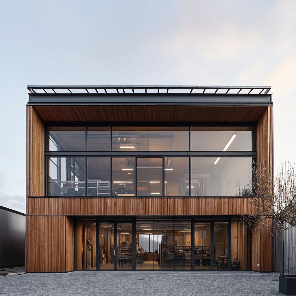 Reused Industrial Machine Company Office with Wood and Glass Facade