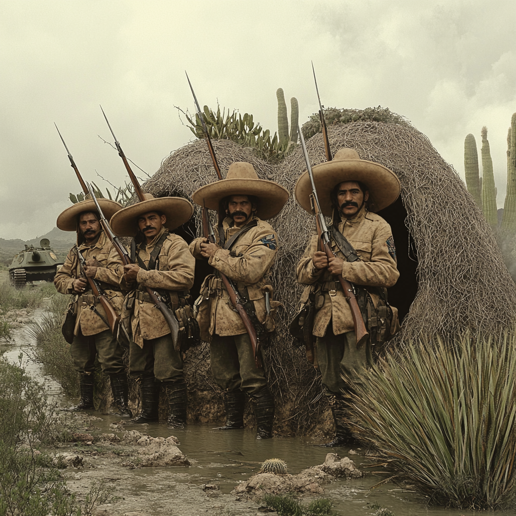 Revolutionary Mexican desert scene with war remnants.