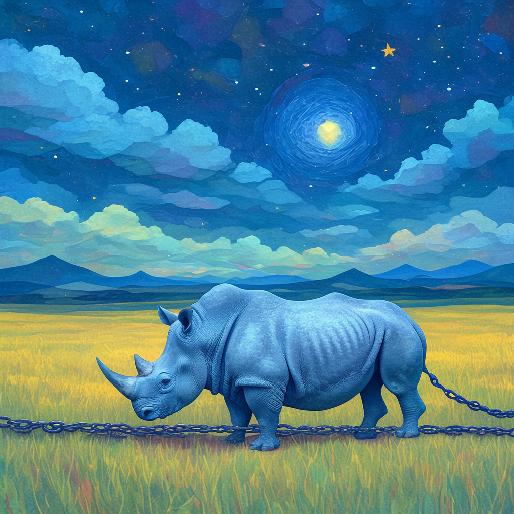 Rhino breaking chains in starry night savanna fantasy.