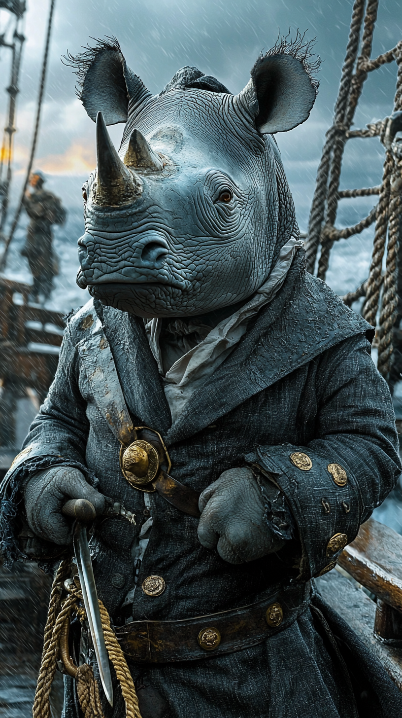 Rhinoceros dressed as sealion on stormy pirate ship.