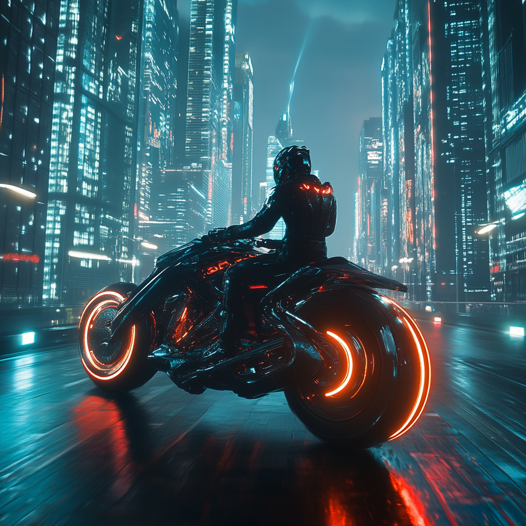 Rider on futuristic motorcycle in neon-lit cityscape