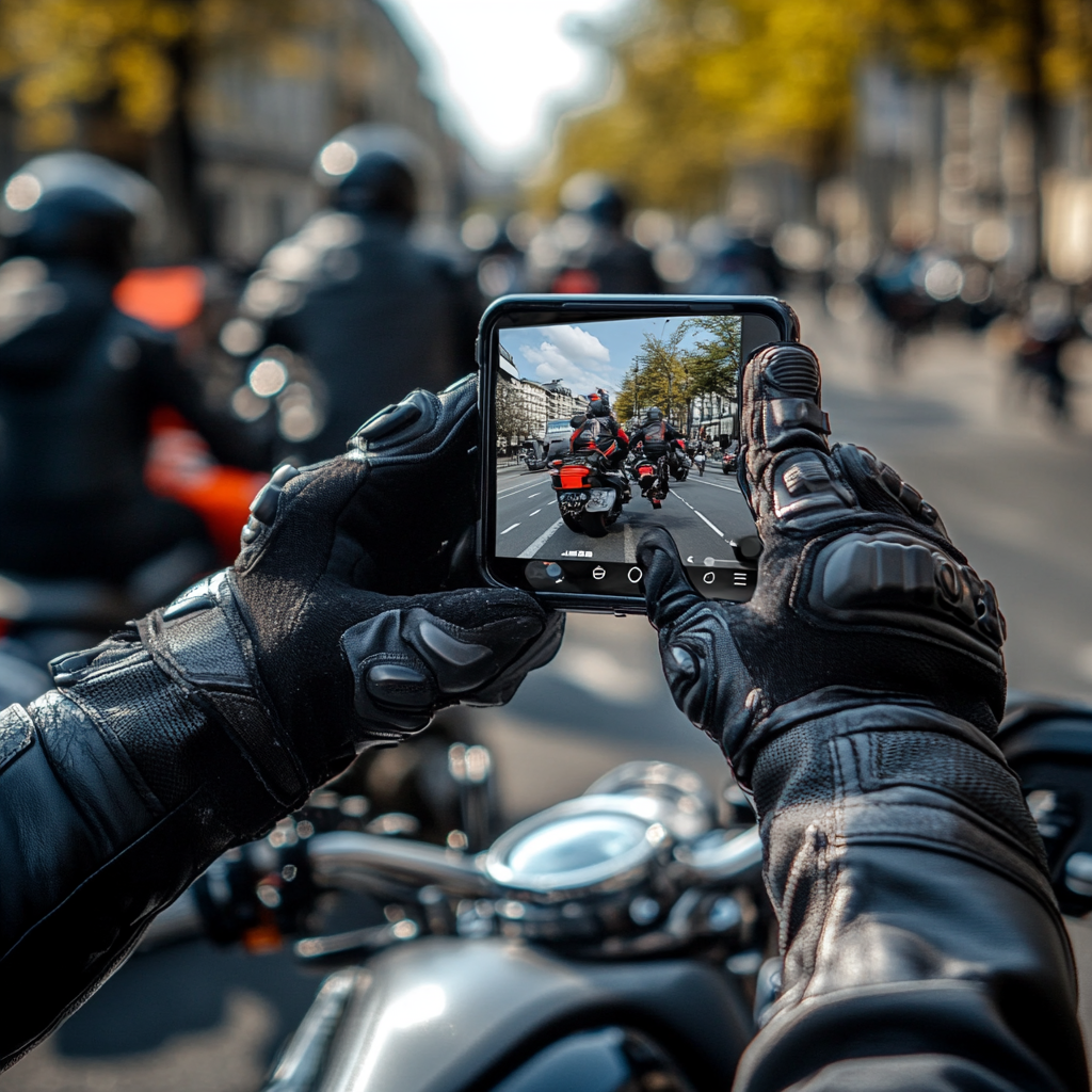 Riders in gloves on motorcycles on sunny street.