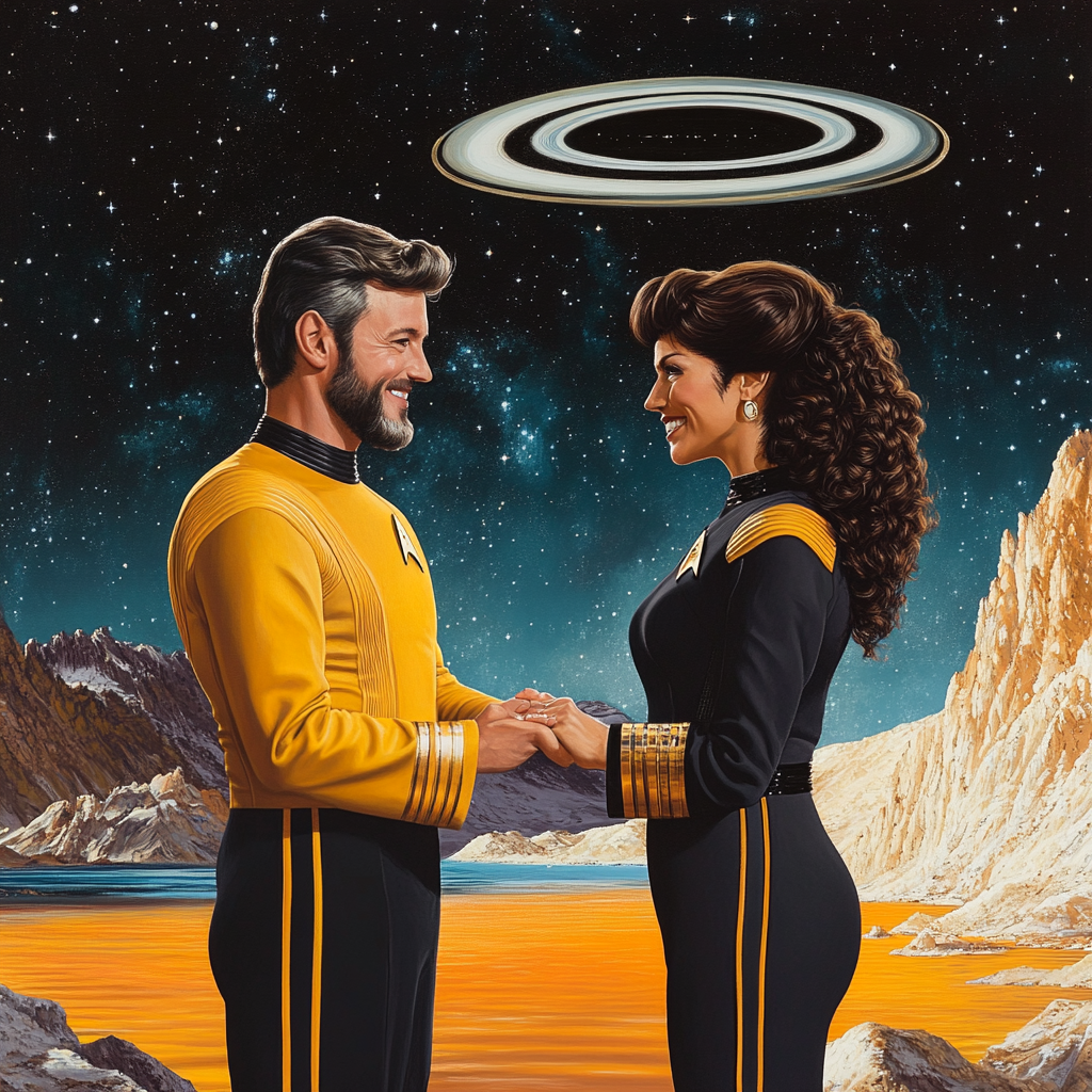 Riker and Troi share tender moment by orange lake.