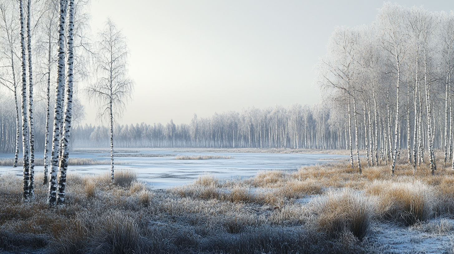 Rime-covered birches in frozen marshland at dawn.