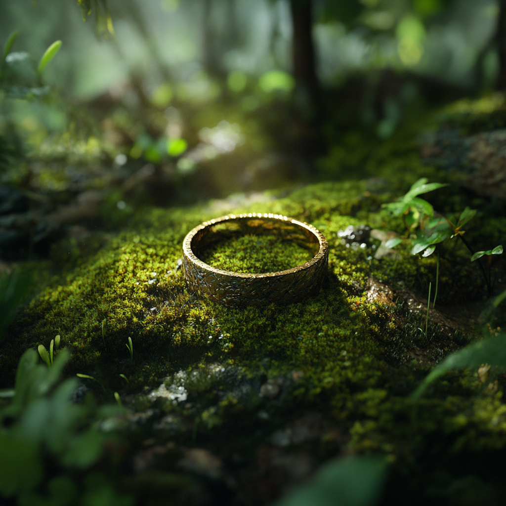 Ring on moss with studio spotlights, top view.