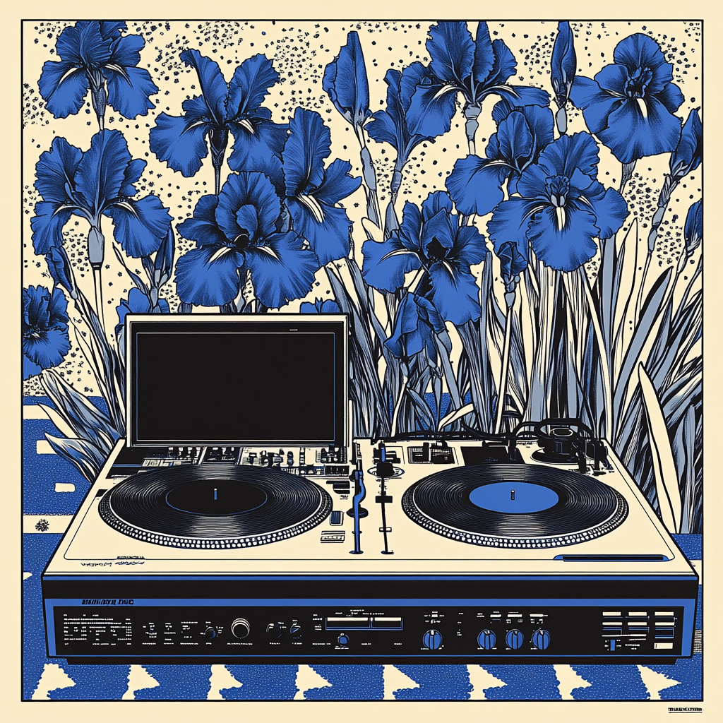 Risograph poster with vector illustrations of DJ, computer, flower