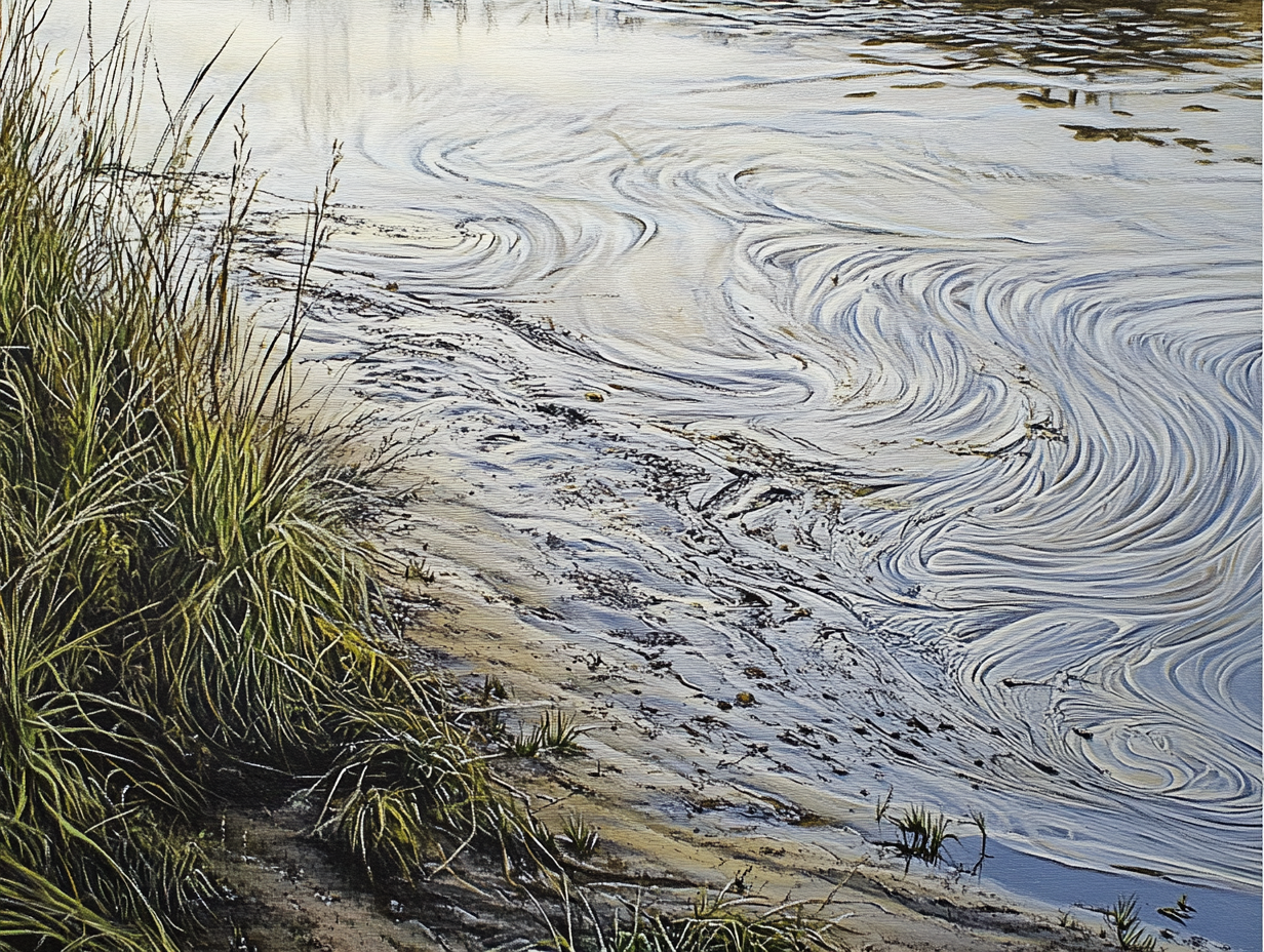 River bank with calm water, grasses, shrubs and mud.