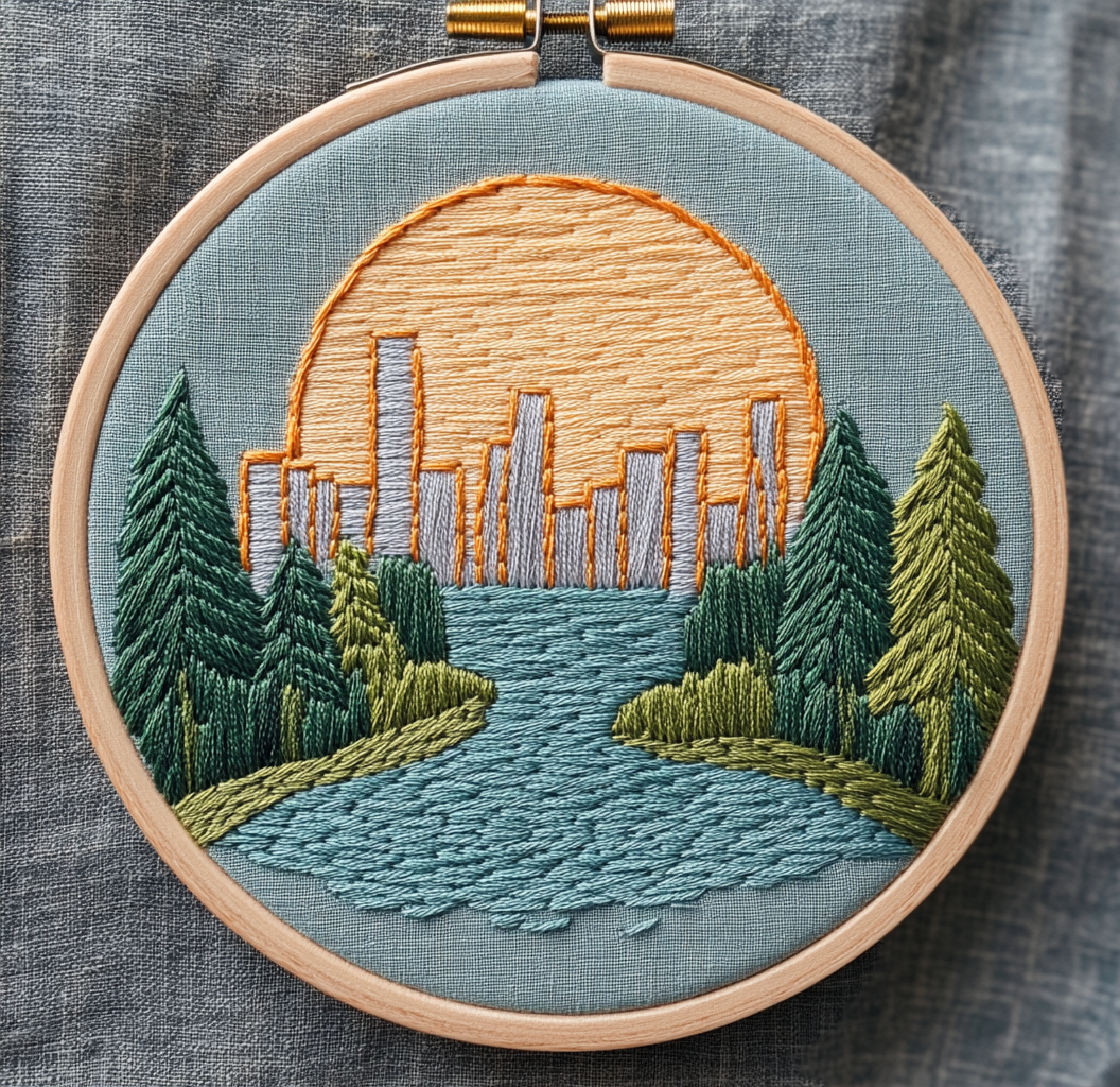 River with trees and city embroidery art design