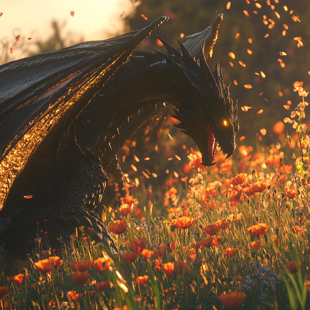 Roaring black wyvern with iridescent wings in sunlight field.