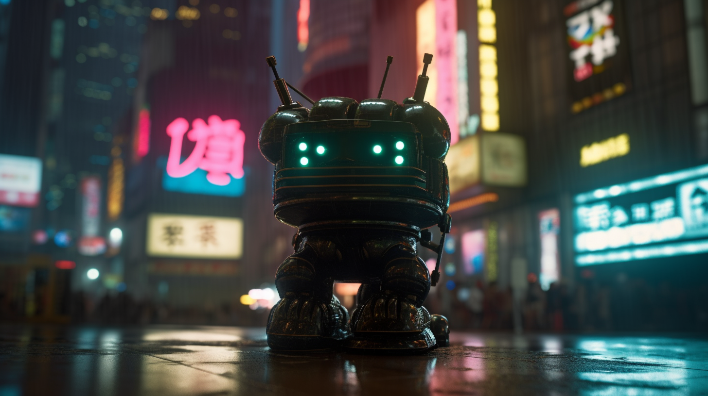 Robby robot with cat-features walks through futuristic Shibuya.