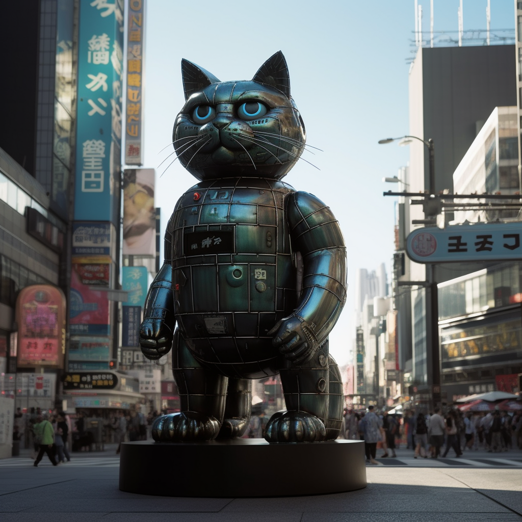 Robby the Robot with cat features in futuristic Shibuya.