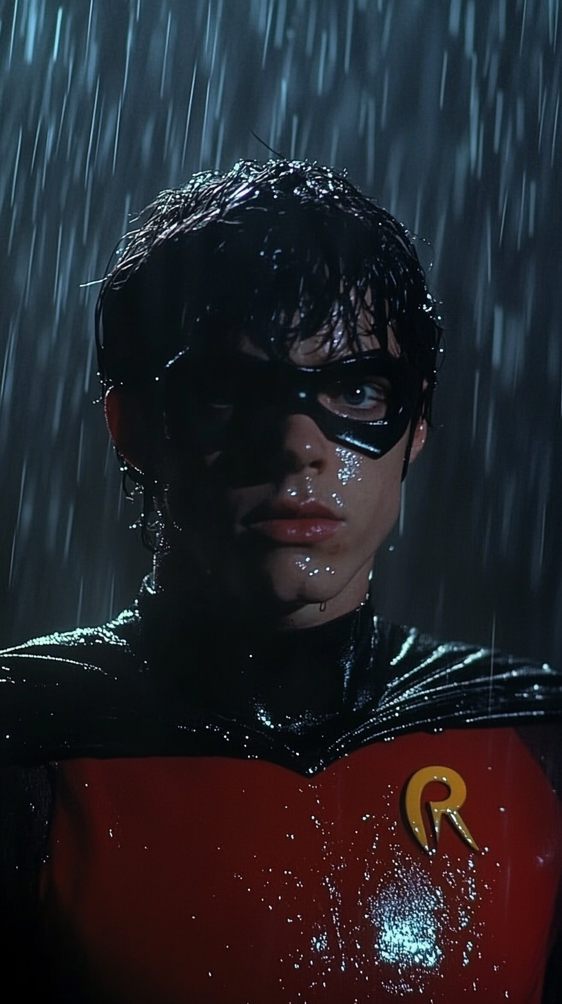 Robin stands in dark fantasy landscape in rain.