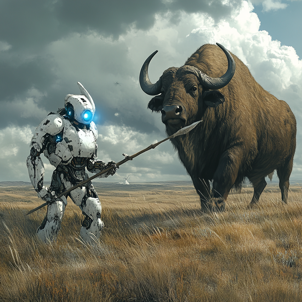 Robot Rabbit Hunting Buffalo in Futuristic Plains