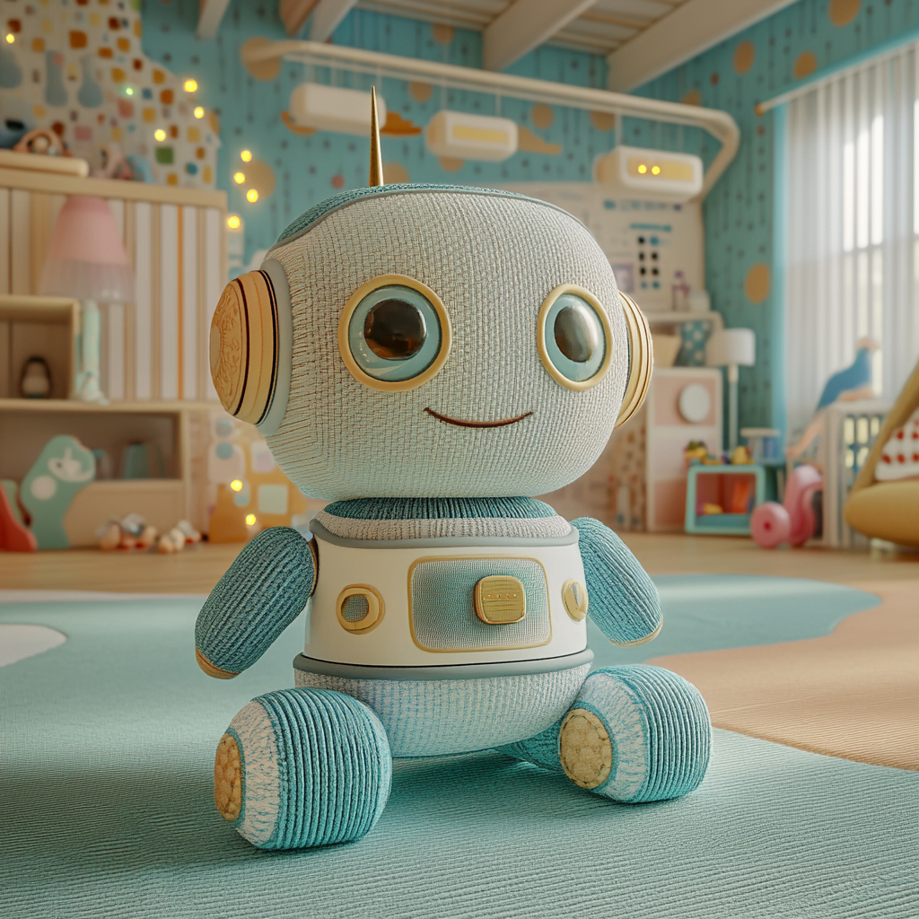 Robot character plush toy in pastel playroom setting.