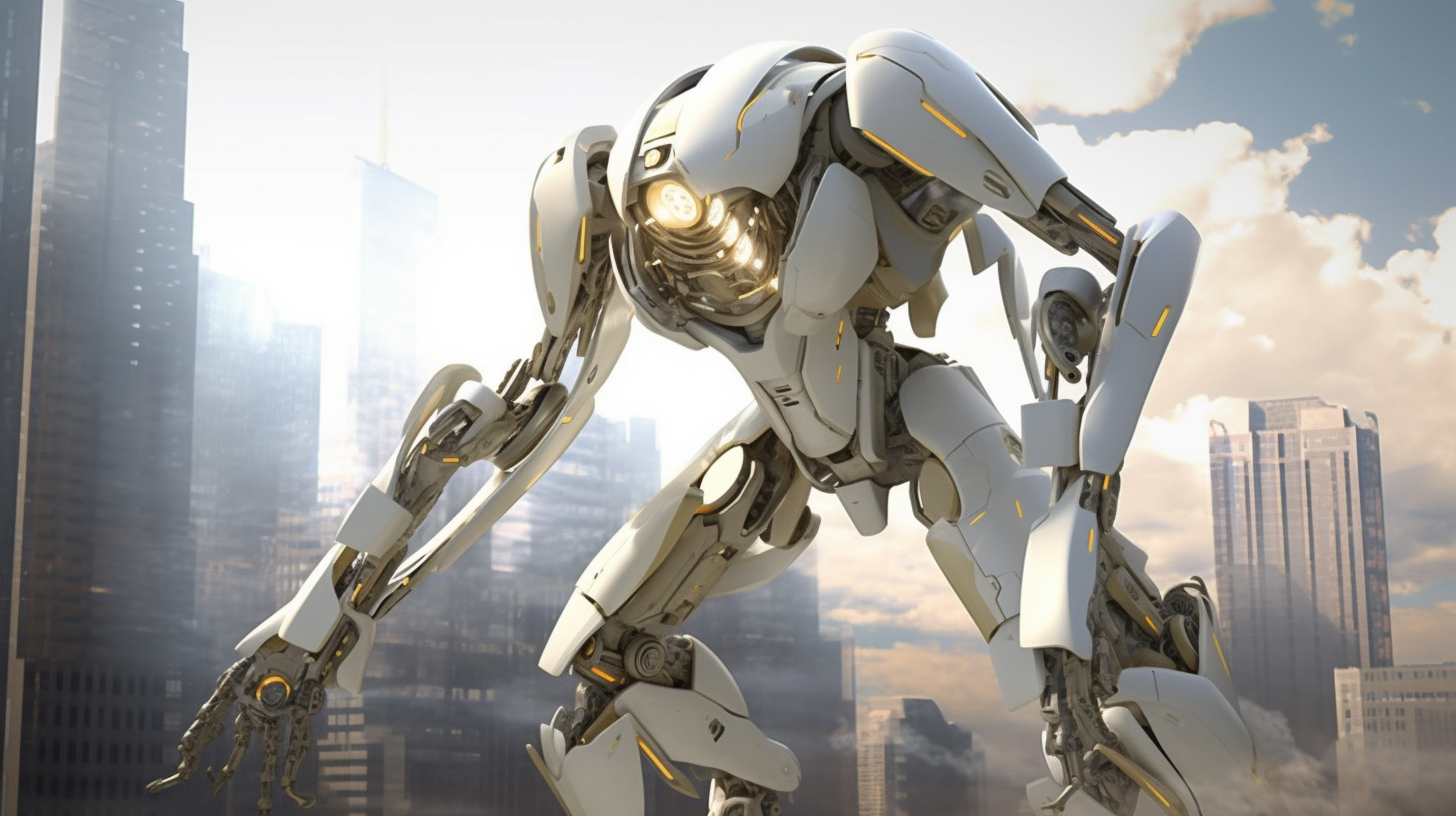 Robot fighting in metallic cityscape with advanced technology.