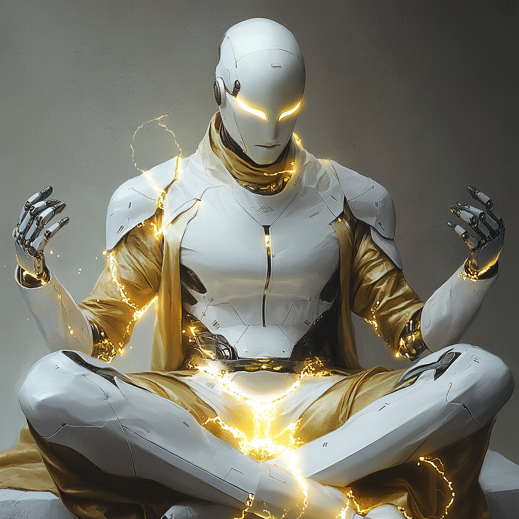 Robot guru in gold silk robes meditating with magic.