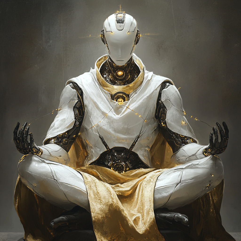 Robot guru in white armor with gold robes meditating