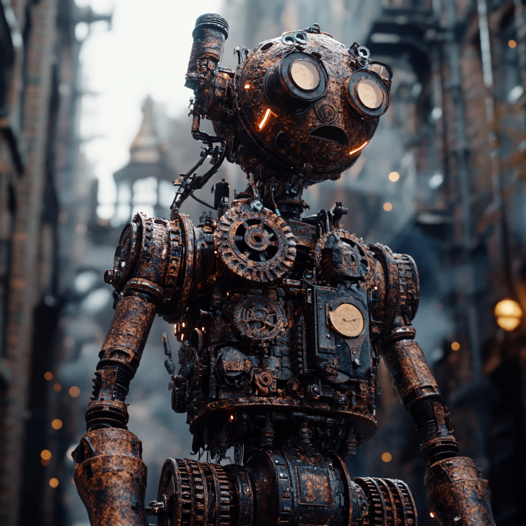 Robot in 19th century London, detailed cogwork, smoky background.