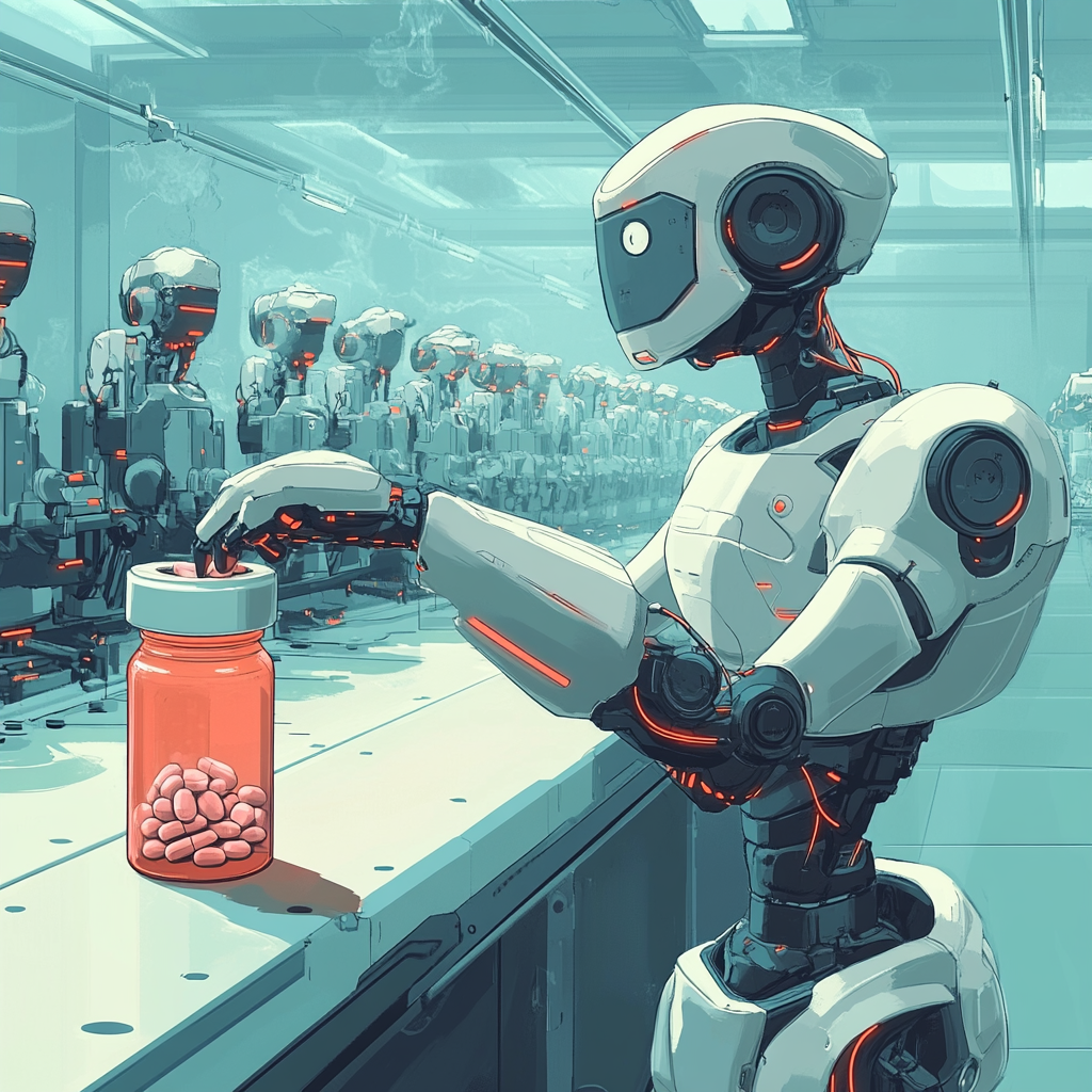 Robot placing capsule in pill bottle on assembly line.