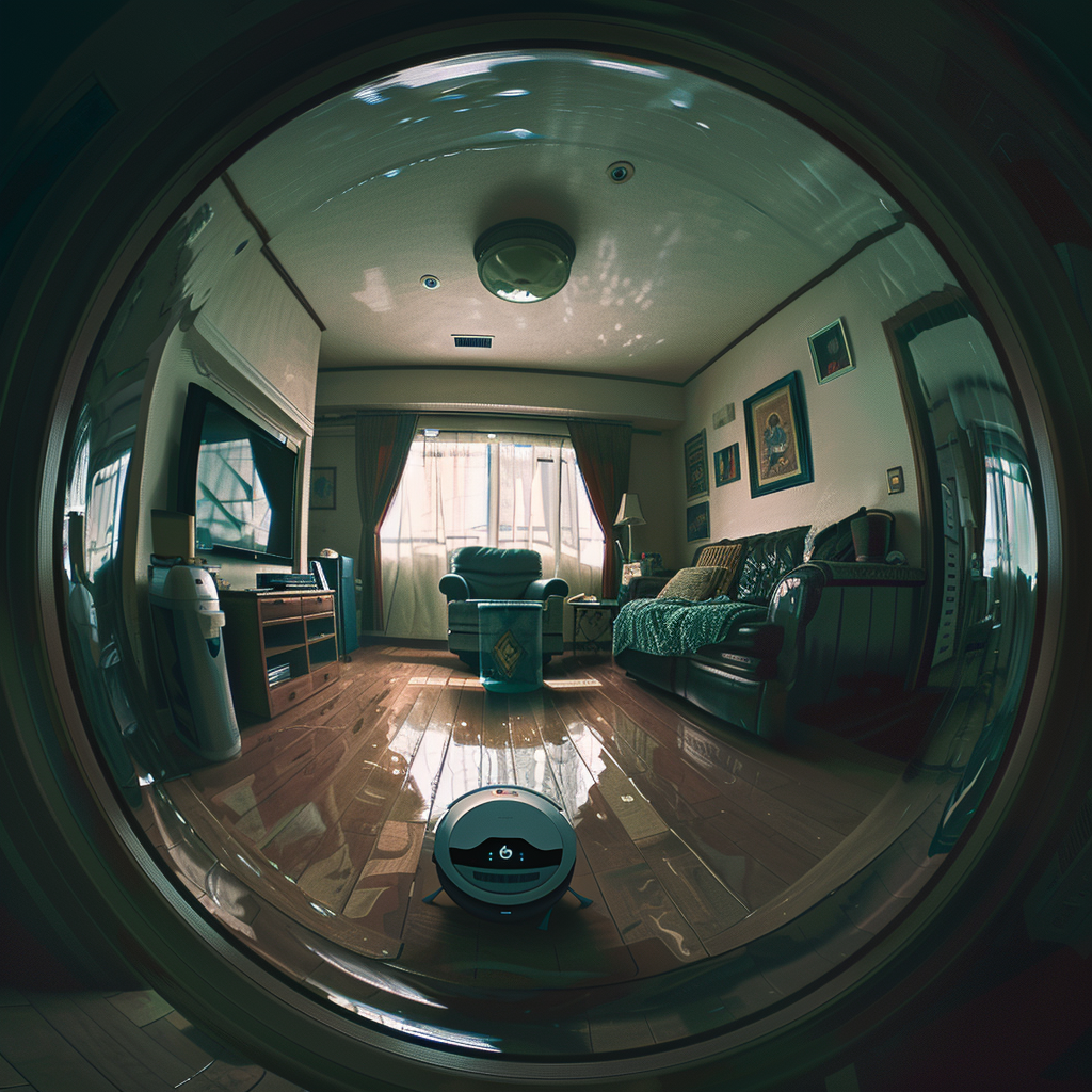 Robot vacuum's sad living room view on rainy day