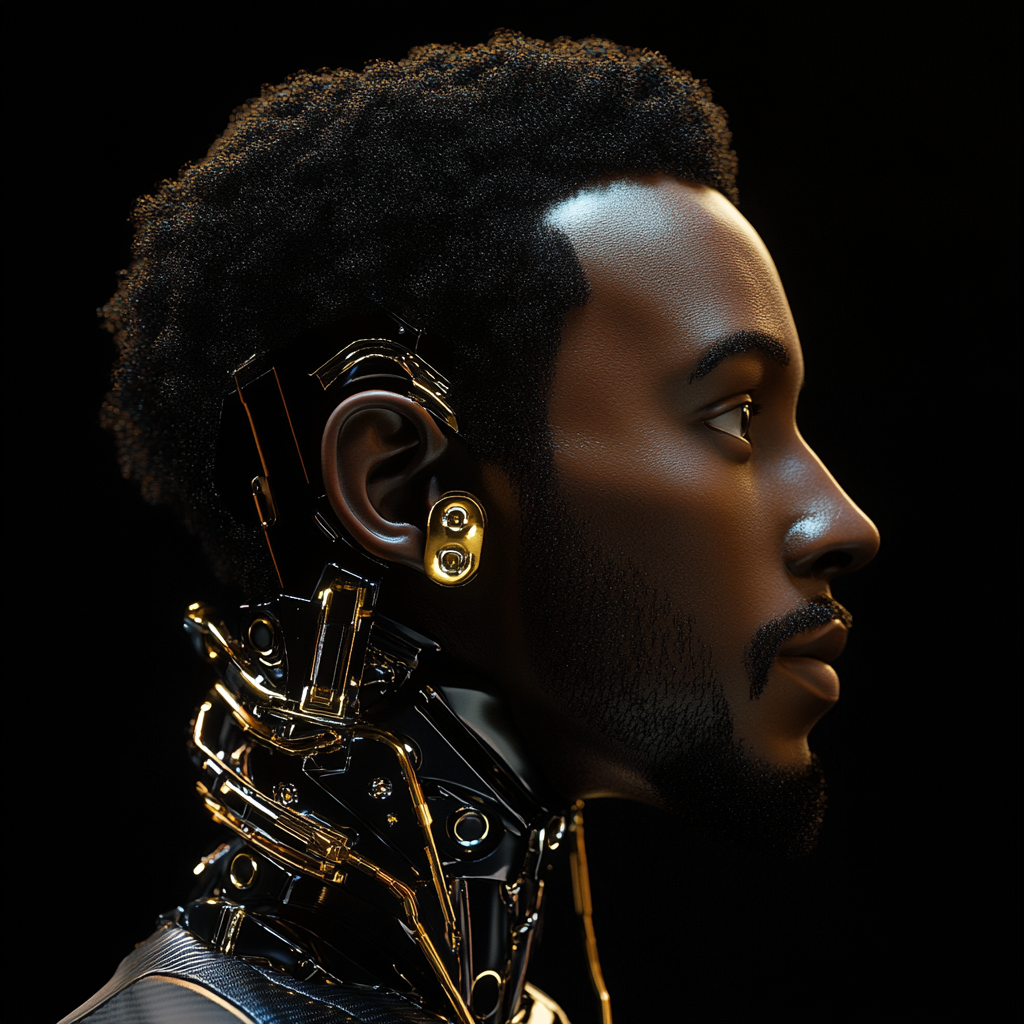 Robot with goatee, gold earrings, short afro on black.