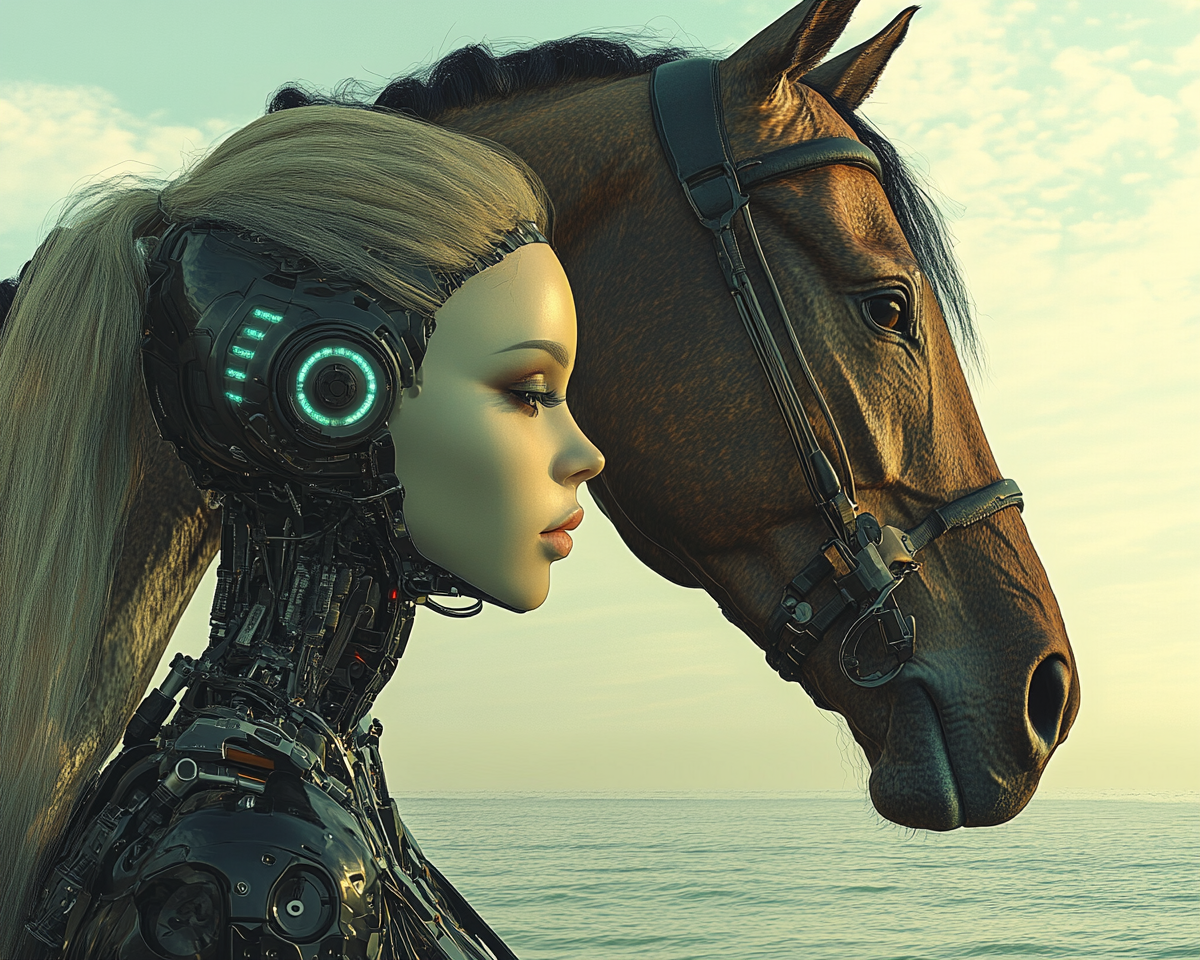 Robotic Woman Contemplates Horse by Sea - Artistic Digital Photo