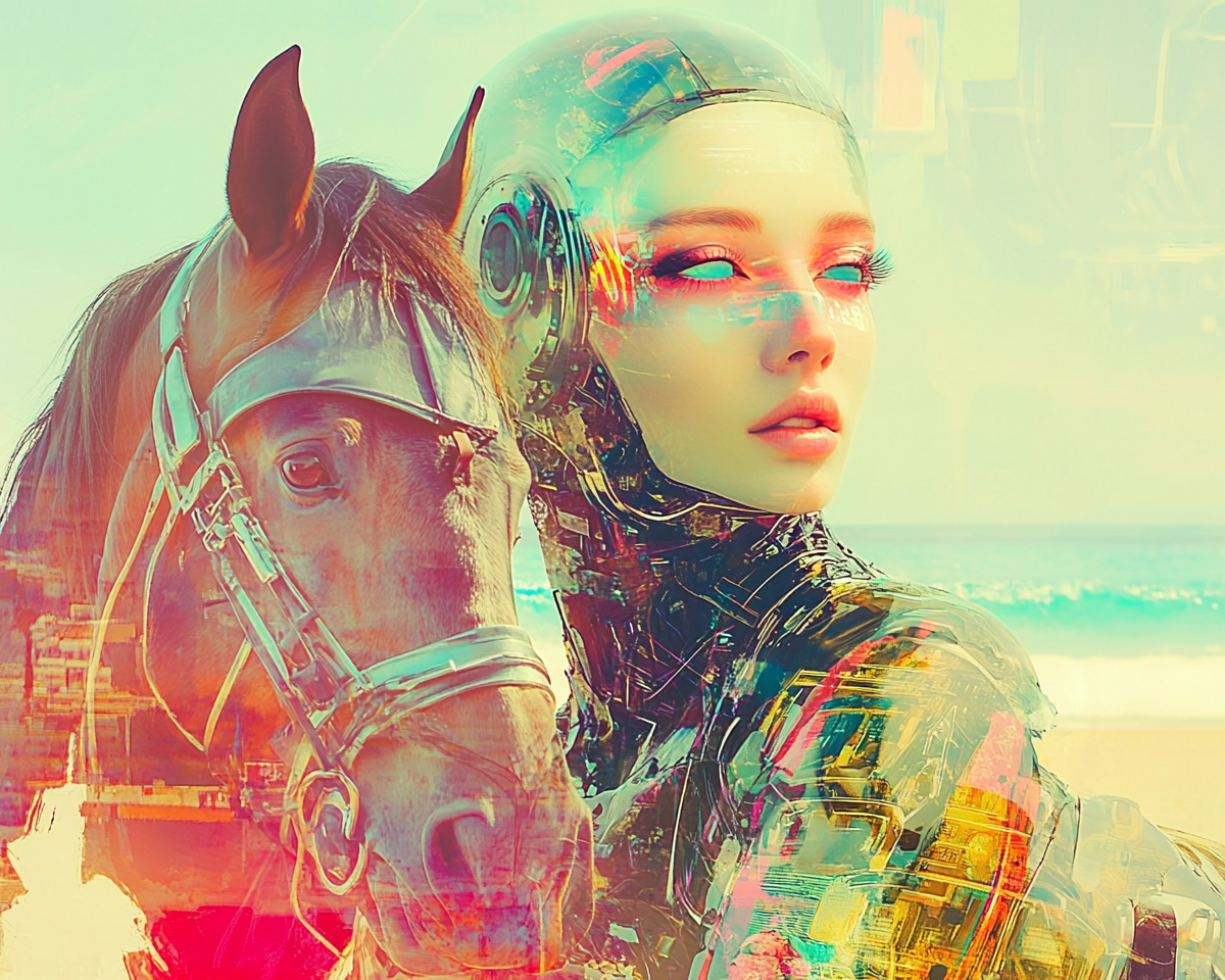 Robotic Woman Daydreaming on Horse by Sea