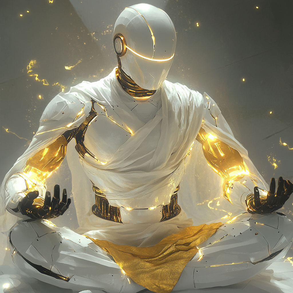 Robotic guru in white armor meditating, surrounded by magic.