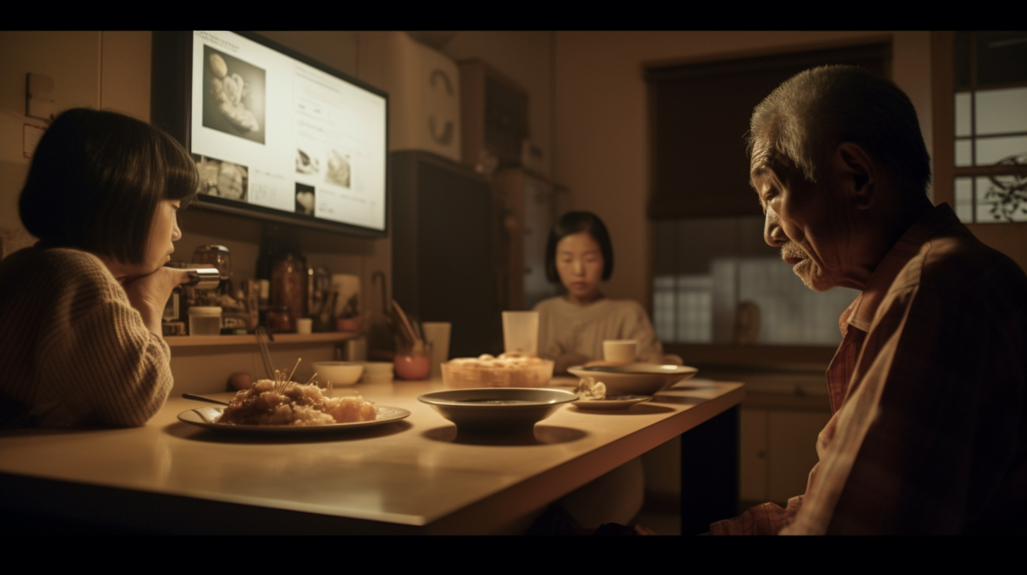 Robotic head displays elderly man at Japanese family dinner.