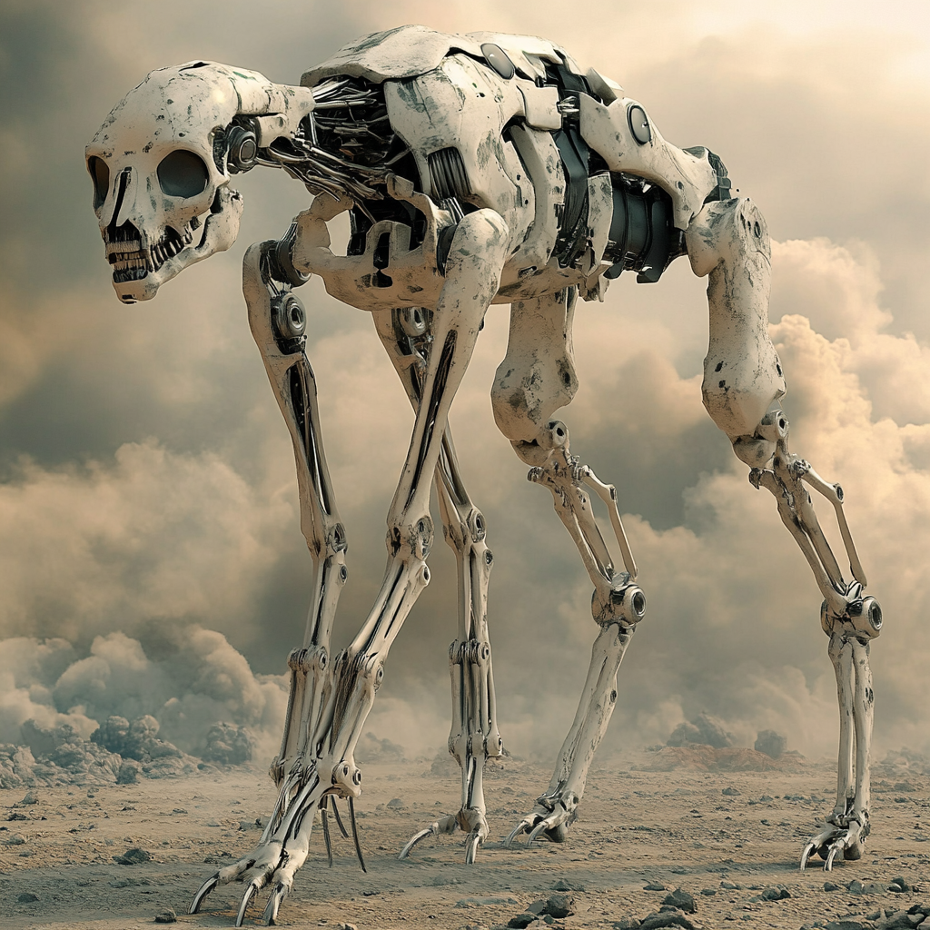 Robotic mech dog skeleton with silicone bones.