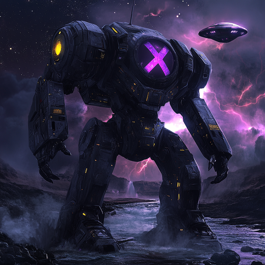 Robotic mech-warrior with alien-like appearance, X symbol, galactic theme.