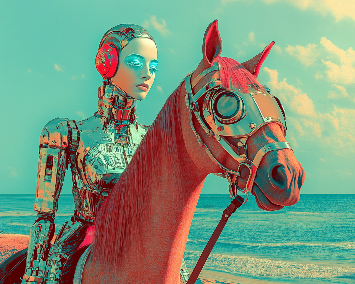 Robotic woman daydreaming, riding horse by sea