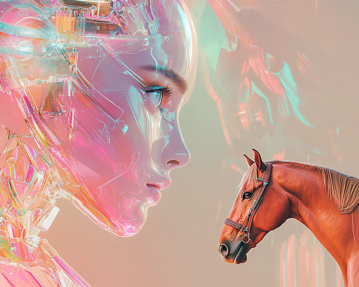 Robotic woman daydreaming with horse - artistic digital photo.