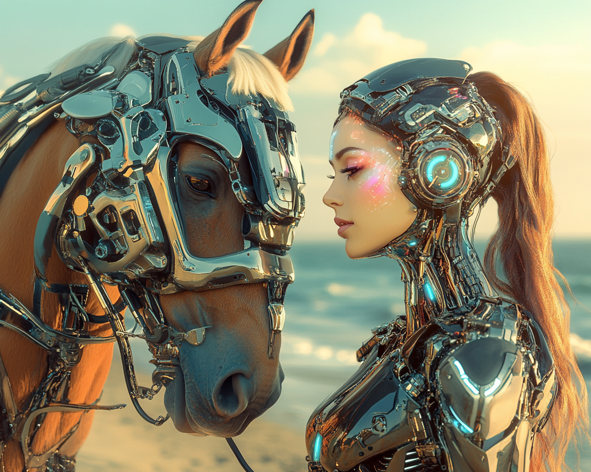 Robotic woman daydreams by sea with cyborg horse.