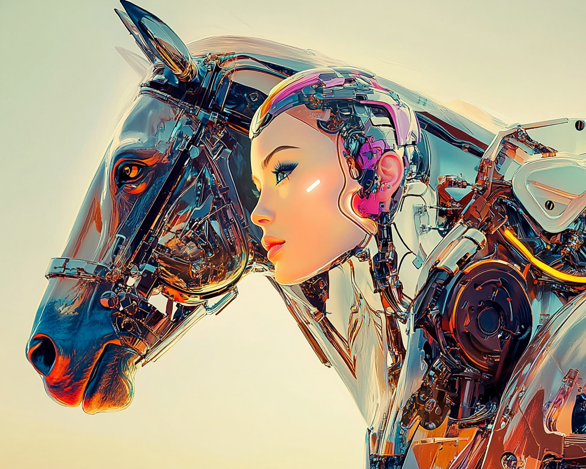 Robotic woman gazes at horizon with horse beside her.