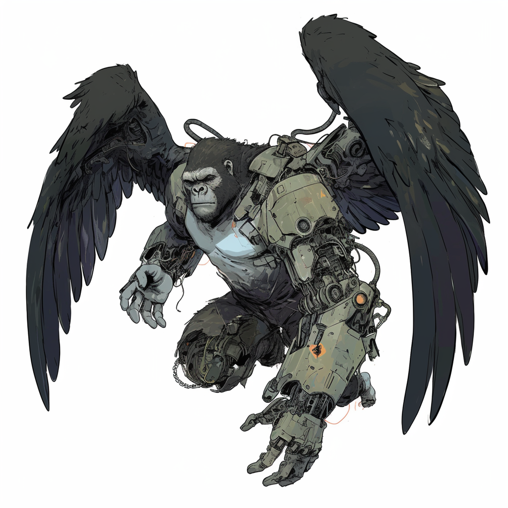 Robotically enhanced gorilla soaring with outstretched wings, comic art.