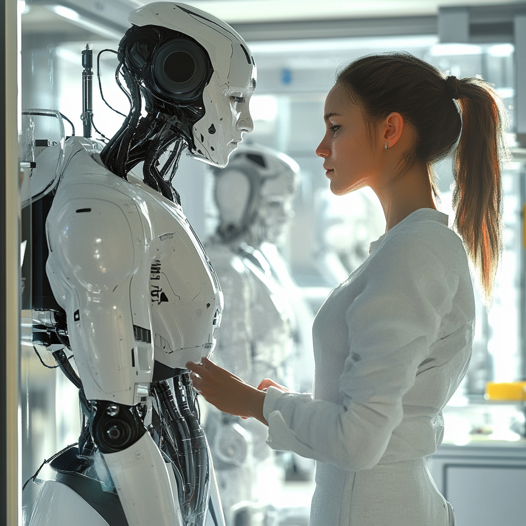 Robots and humans in high-tech lab, futuristic attire.